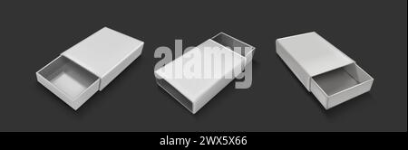 Open slide box mockup. Realistic vector illustration set of white blank carton package with sleeve. Empty pack in form of drawer for gift or goods pos Stock Vector