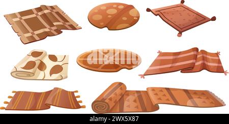 Brown carpet of different shape and size with pattern. Cartoon vector illustration set of cozy round and rectangular fabric cloth rug and mat with tas Stock Vector