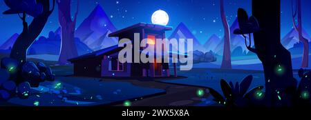 House in night forest with mountain and firefly game background. Dark Halloween wild woods park landscape and magic cabin. Spooky and mystic small cot Stock Vector