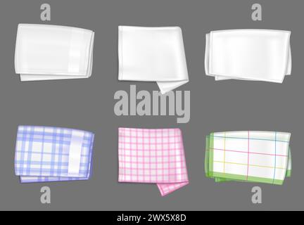 White and color napkin set isolated on gray background. Vector realistic illustration of folded bleached kitchen tablecloth after laundry, blue, pink, Stock Vector