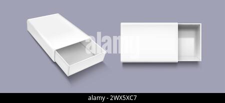 Open slide box mockup. Realistic vector illustration set of white blank carton package with sleeve. Empty pack in form of drawer for gift or goods pos Stock Vector