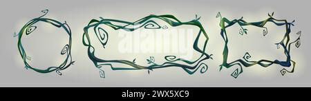 Liana frames set isolated on background. Vector cartoon illustration of round, square, rectangle shape borders, curvy jungle tree branches, tropical i Stock Vector