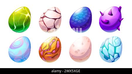 Cute fantasy colorful dinosaur eggs cartoon vector illustration collection. Colored and decorated Easter icon. Childish Jurassic fairytale monster or Stock Vector