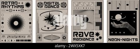 Y2k aesthetic science banners. Vector illustration of retrowave style posters with wireframe hand, planet globe, landscape shapes on gray background, Stock Vector