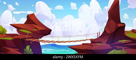 Hanging rope foot bridge above dangerous abyss between rocky suspension cliff. Cartoon vector summer landscape with river or sea, stone high sharp edg Stock Vector