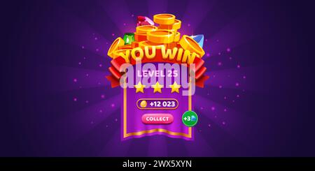 Ui game or level win popup button banner. Winner badge design for trophy. Victory interface template in tournament or competition with gold coin on pu Stock Vector