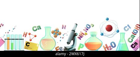 Chemistry. Seamlessly horizontal composition. Isolated on white background. Funny cartoon style. Picture vector Stock Vector