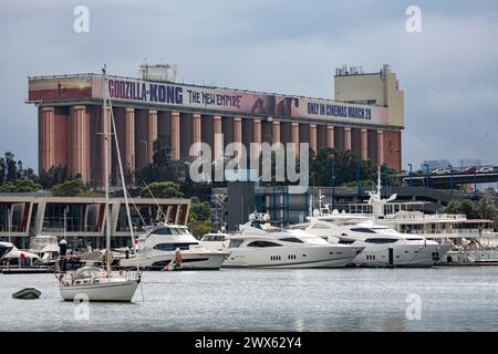 Sydney,Australia, Glebe Island silo billboard advertising 2024 Godzilla Kong The New Empire movie, and Sydney super yacht marina, Australia Stock Photo