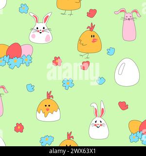 Seamless pattern with Easter chickens, hares, eggs in a nest. Daisies on a green background for kids products. Cute rabbits for baby clothes. Flat vector illustration for printing packaging, fabric and textiles. Stock Vector