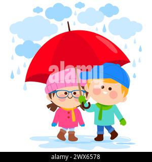 Children under an umbrella in the rain. Rainy day kids playing in the water. Stock Photo