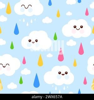 Cute cloud characters background. Colorful rain drops and cute clouds. Seamless pattern. Stock Photo