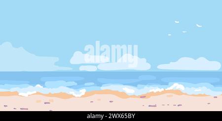 Sea landscape on a sunny day for wall art. Sky and clouds. Sea decoration design for interior and flyers. Ocean view poster. Cover and banner. Modern hand drawn vector illustration Stock Vector