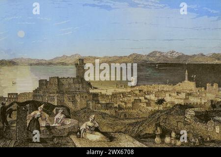 Island of Rhodes. Rhodes. Engraving by Léonce Lhuillier. Later colouration. 'La Tierra Santa y los lugares recorridos por los profetas, por los apóstoles y por los cruzados' (The Holy Land and the sites traversed by the prophets, by the apostles and by the crusaders). Published in Barcelona by the printing house of Joaquin Verdaguer, 1840. Stock Photo