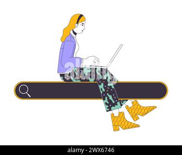 Woman with sitting on search box 2D linear cartoon character Stock Vector