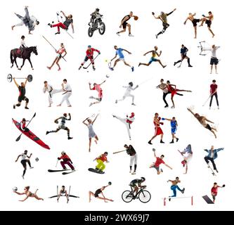 Collage. Athletes of different sports, men and women in motion, training isolated on white background Stock Photo