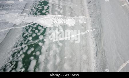 Aerial view of a frozen Lake. Background and textures. Winter scenery. Stock Photo