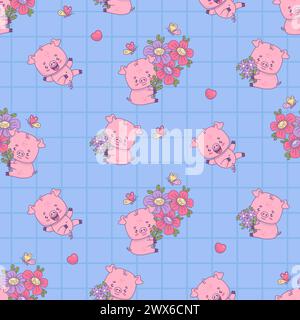 Seamless pattern with cute pigs. Smiling piggy with bouquet flowers on blue checkered background with butterflies and hearts. Festive funny kawaii ani Stock Vector