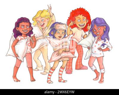 T-shirt design illustration with pre-teen girls in pajamas with pillows. Pajama party concept. Isolated watercolor illustration for pajama day design Stock Photo