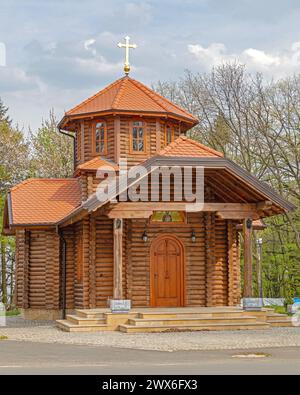 Belgrade, Serbia - April 13, 2020: Serbian Orthodox Wooden Church of Saint Despot Stefan Lazarevic at Avala Mountain. Stock Photo