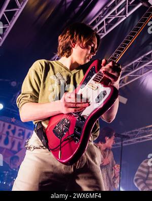 Milano, Italy. 27th Mar, 2024. Kris Guštin of Slovenian indie rock band Joker Out performs live at Circolo Magnolia in Milano. Credit: SOPA Images Limited/Alamy Live News Stock Photo