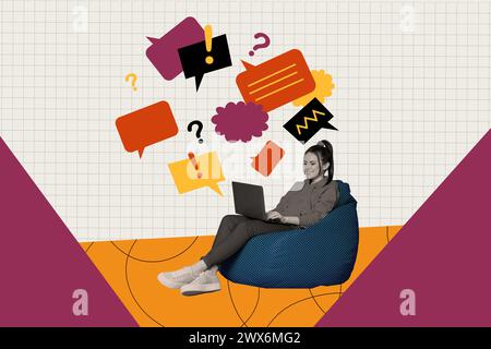Composite trend artwork image 3D collage of office manager yong lady work remote from home sit in beanbag hold laptop have conversation Stock Photo