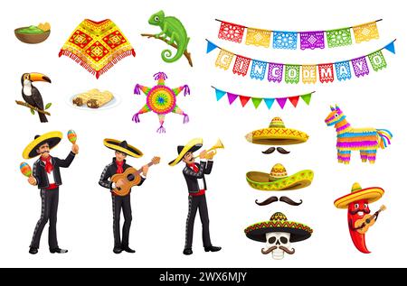 Mexican Cinco de Mayo holiday characters. Mariachi musicians, pinata and sombreros, food and pennant, vector Mexico party. Cartoon mexican men and pepper with guitar and maracas, skull with moustache Stock Vector