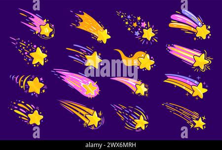 Cartoon shooting space stars with trails, falling galaxy comets and meteors silhouettes. Vector set of bright, colorful cosmic meteorites with traces. Magical streaks of light and energy in motion Stock Vector