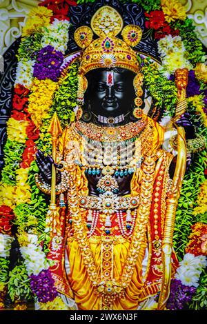 hindu god lord rama from Ramayana black stone statue from flat angle in details image is taken at Shree Ram Janmabhoomi Mandir Ayodhya uttar pradhesh Stock Photo