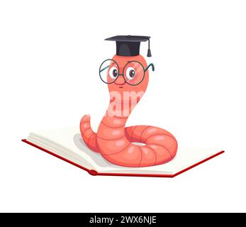 Cartoon bookworm character in student cap. Isolated vector funny, educated earthworm personage donning mortarboard academic hat and glasses sitting on the open book. Smart professor insect in library Stock Vector