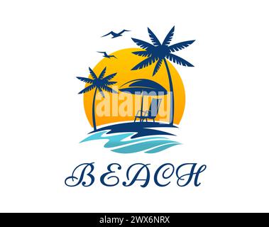 Tropical summer beach logo icon with palm trees, umbrella and daybed at seaside with sun and flying gulls. Isolated vector emblem for summer travel, vacation or holiday spare time with paradise island Stock Vector