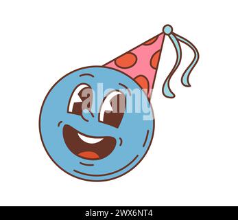 Retro cartoon groovy smile character in festive party hat. Isolated vector vintage psychedelic personage with blue face, exudes carefree spirit and celebration vibes with its infectious and funky grin Stock Vector