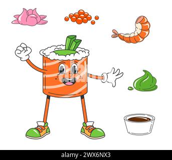 Retro Cartoon Groovy Japanese Sushi Character. Isolated Vector Cheerful 