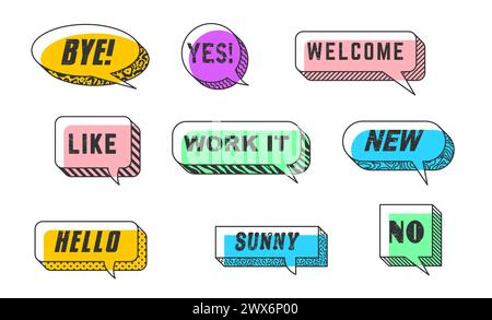 Memphis speech bubbles isolated vector set. Colorful dialog and chat clouds, round, oval or square shapes with grunge typography words. Like, new or welcome, bye, work it. Hello, sunny, yes or no Stock Vector