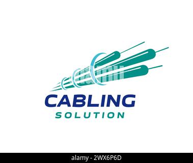 Fiber optic cable telecommunication icon. Isolated vector emblem with dynamic fibre wire broadband strand. Label for internet high-speed connection, fast data transmission and networking technology Stock Vector