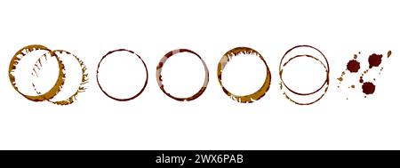 Coffee stains round with drops of splashes, watercolor prints of coffee or tea drink, isolated, on white background. Vector illustration Stock Vector