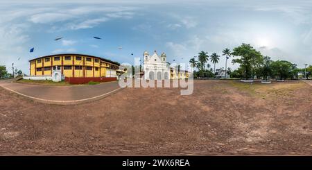 360 degree panoramic view of full hdri 360 panorama of portugese catholic church in jungle among palm trees in Indian tropic village in equirectangular projection with zenith and