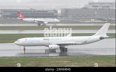 ISTANBUL, TURKIYE - OCTOBER 15, 2022: MNG Airlines Airbus A330-343X (879) landing to Istanbul International Airport Stock Photo
