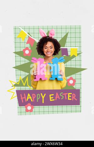 Vertical picture collage of adorable cheerful woman showing traditional bunny rabbit gift happy easter day isolated on drawing background Stock Photo