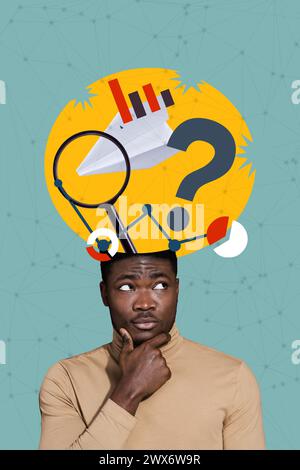 Vertical photo collage of black american man think hand touch chin process lupe paper plane question mark isolated on painted background Stock Photo