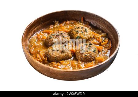 Cutlets or Fish balls with tuna in tomato sauce. Isolated on white background. Top view Stock Photo