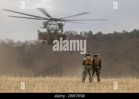 U.S. Marines with 3rd Landing Support Battalion, 3rd Marine Logistics Group brace against rotor wash from a CH-53E Super Stallion helicopter Stock Photo