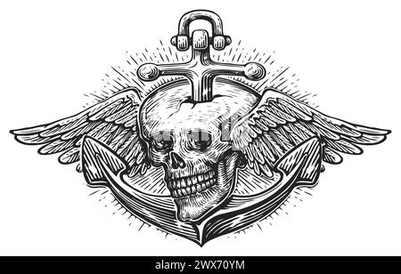 Anchor and human skull with wings, sketch engraving style. Symbol of freedom, seafaring. Vintage vector illustration Stock Vector