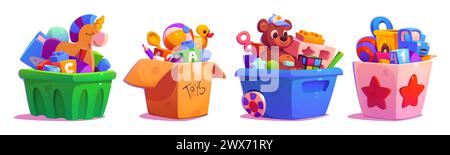 Kid box with bear toy, ball and child car cartoon. Full gift chest collection to play in kindergarten for toddler clipart set isolated on white background. Old teddy and animals stuffed in package Stock Vector