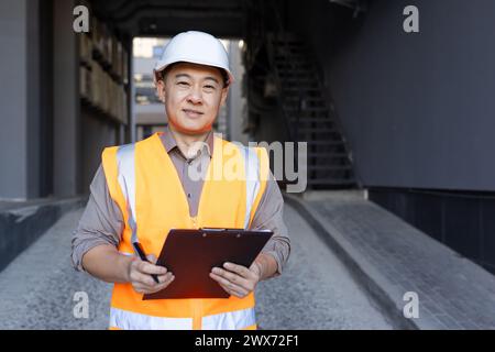 Portrait of a smiling young Asian man standing outside a construction site in a hard hat and vest, holding a folder with documents and smiling, looking at the camera. Stock Photo