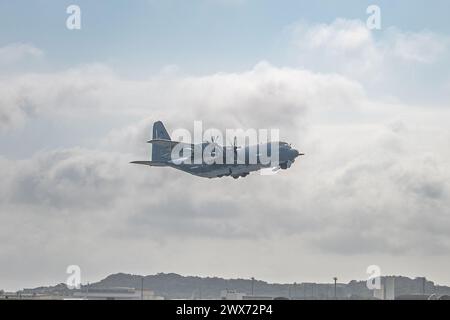 An MC-130J Commando II assigned to the 1st Special Operations Squadron takes off during the Flight of the Flock training event at Kadena A.B., Japan Stock Photo