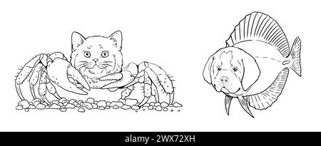 Coloring page with the animals mutants: Crab with cat head and fish with dog head. Coloring book with fantasy creatures. Stock Photo