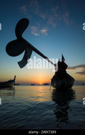 Beautiful sunset on tropical island Koh Tao, Thailand. Long tail boat engine propeller silhouette Stock Photo