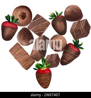Heart made of chocolate candies and chocolate-covered strawberries drawn in watercolor for postcards, flyers, labels isolated on white background Stock Photo