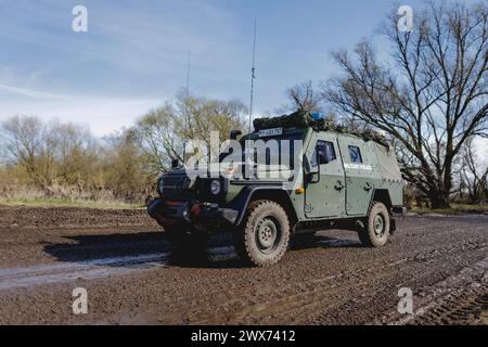 Ein gepanzertes Bundeswehr-Fahrzeug vom Typ Dingo der Feldjaeger, aufgenommen im Rahmen der Militaeruebung Wettiner Schwert bei Tangermuende, 26.03.2024. Wettiner Schwert ist Teil der Quadriga-Uebung der Bundeswehr und des NATO-Grossmanoevers Steadtfast Defender 2024. Tangermuende Deutschland *** An armored Bundeswehr vehicle of the type Dingo of the Feldjaeger, taken during the military exercise Wettiner Schwert near Tangermuende, 26 03 2024 Wettiner Schwert is part of the Quadriga Exercise of the Bundeswehr and the NATO Grand Maneuver Steadtfast Defender 2024 Tangermuende Germany Copyright: Stock Photo