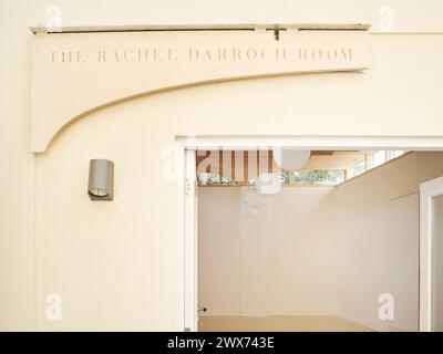 Detail of hub entrance with engraving. Pitzhanger Hub, London, United Kingdom. Architect: Jo Townshend, 2023. Stock Photo